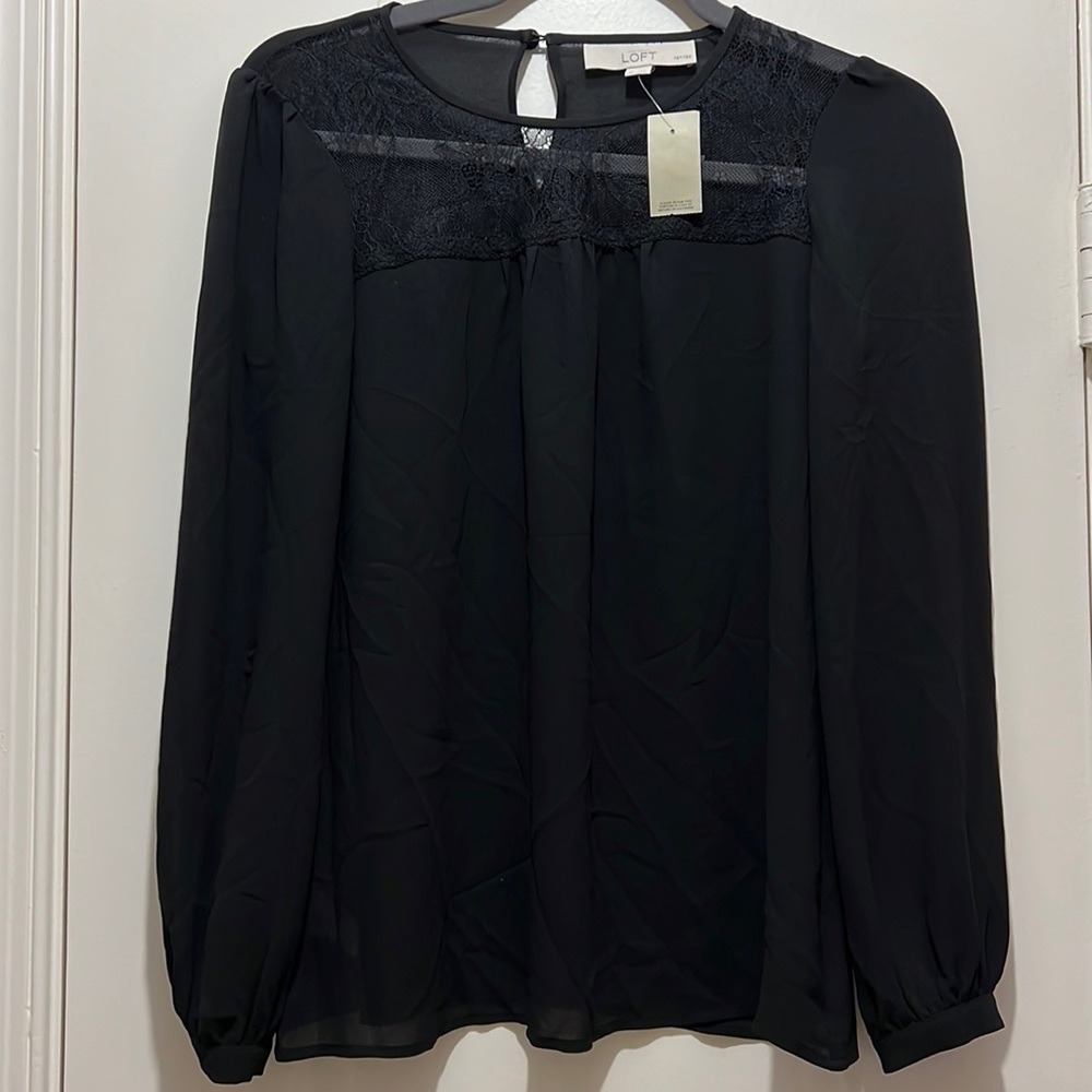Ann Taylor Loft Petite Small SP Black Lace Yoke Detail Blouse NWT